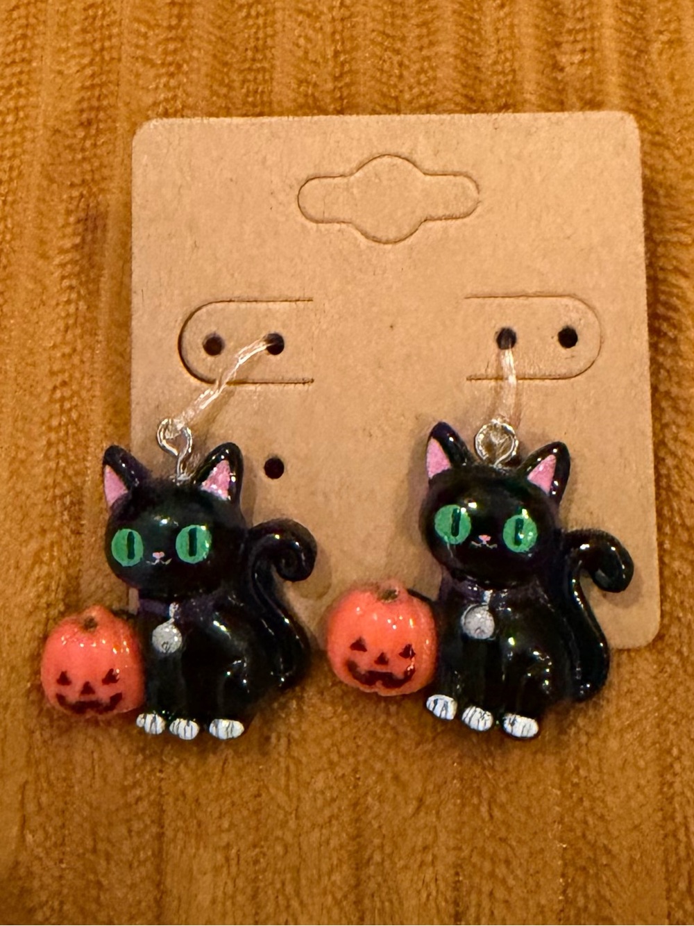Black Cat with Pumpkin Earrings - Halloween Cat Dangle Earrings- Hypoallergenic